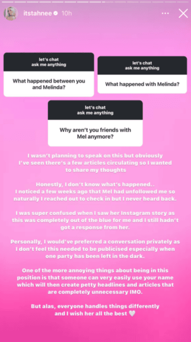tahnee cook response to melinda willis